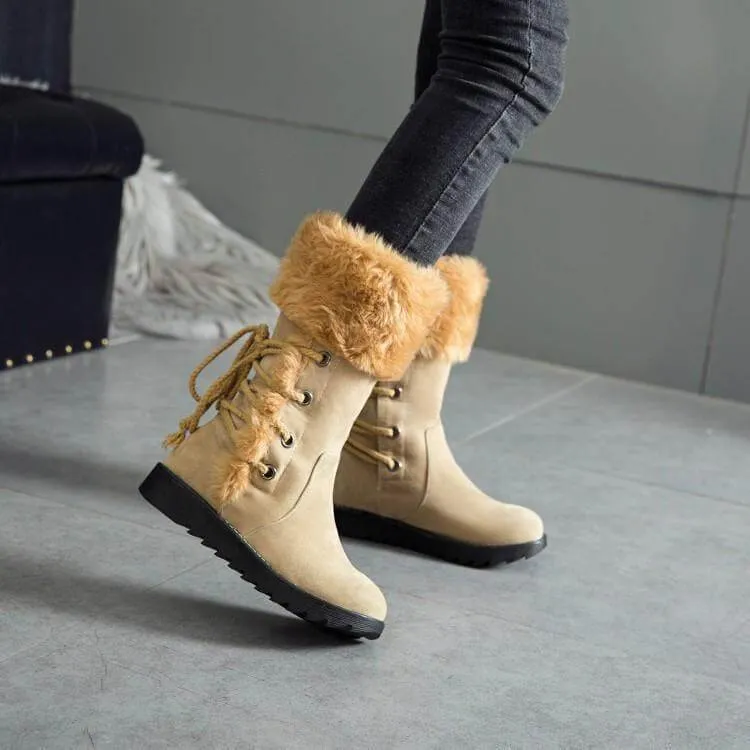 Fur Lace Up Flat Suede Calf Boots