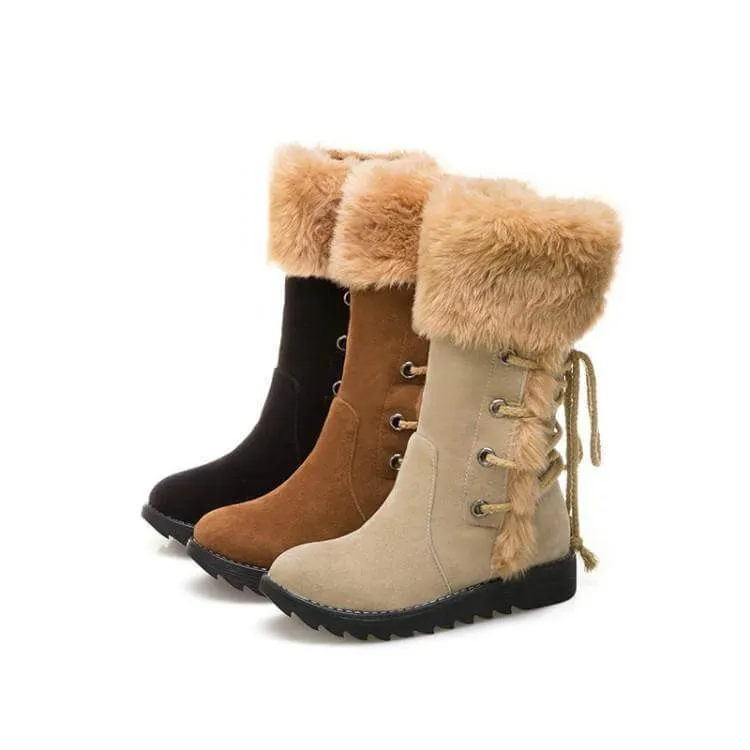Fur Lace Up Flat Suede Calf Boots
