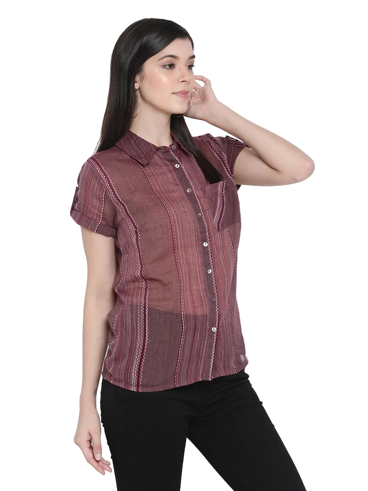 PORSORTE Women's 100% Cotton Striped Wine Shirt